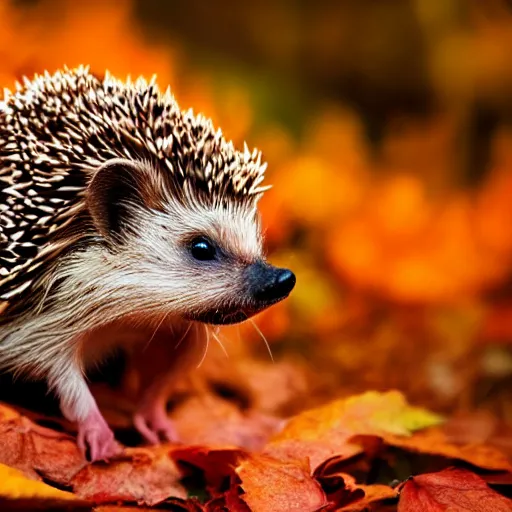 Prompt: hedgehog in the style of tom chambers, warm colours, autumn colours, cinematic lighting, front profile