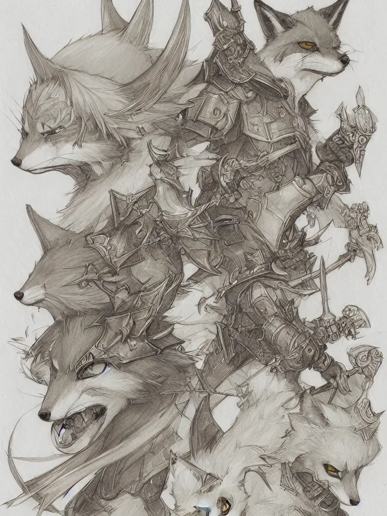 Image similar to heroic character design of anthropomorphic fox, whimsical fox, portrait, holy crusader medieval, final fantasy tactics character design, character art, whimsical, lighthearted, colorized pencil sketch, highly detailed, Akihiko Yoshida