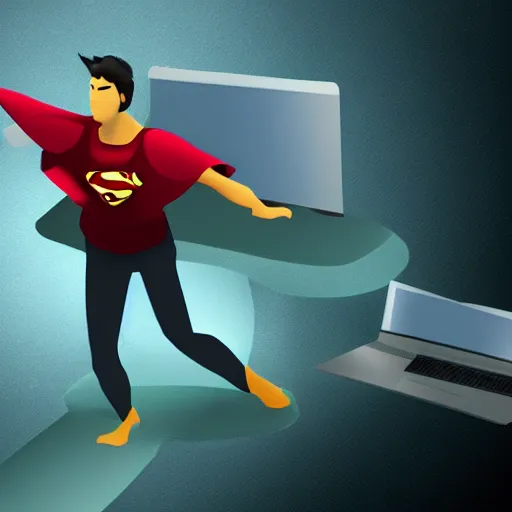 Image similar to developer superhero with laptop flying to save the day, dramatic cinematic