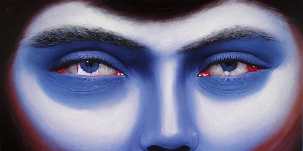 Image similar to with malice, your blue skin, with malice, your blue eyes, with malice, your, white smile with malice, your whole body, at last, with malice, with malice, will it be when i stay awake thinking of her, does she think a little about me? painting by gottfried helnwein david normal masterpiece pablo amaringo