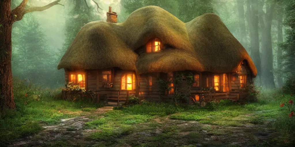 Image similar to a cottage in the woods, fantasy, hyper realistic, dramatic lighting, 8k