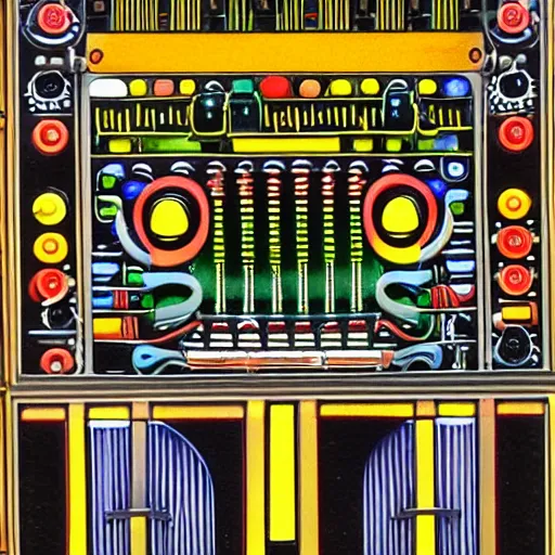 Prompt: Synthesiser designed by Paul laffoley, high detail photo