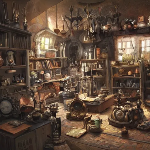 Image similar to weird interior full of stuff, chaotic ambiance, living room of a mad alchemist