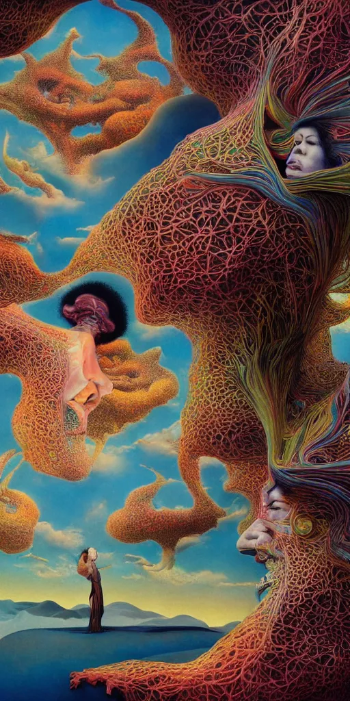 Image similar to ultrawide angle colour masterpiece surreal closeup portrait photography of jimi hendrix playing on stage by miho hirano and annie leibovitz and michael cheval, weird surreal epic psychedelic complex biomorphic 3 d fractal landscape in background by kilian eng and roger dean and salvador dali and beksinski, 8 k