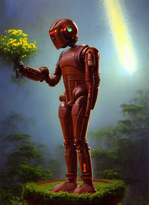 Prompt: cinematic portrait of male forged rusty droid working as a gardener, watering flowers from showerhead, robotic enhancements, soft lighting, Tomas Kinkade, Tim Hildebrandt, Wayne Barlowe, Bruce Pennington, donato giancola, larry elmore, oil on canvas, masterpiece, trending on artstation, cinematic composition, dramatic pose, beautiful lighting, sharp, details, hyper-detailed, HD