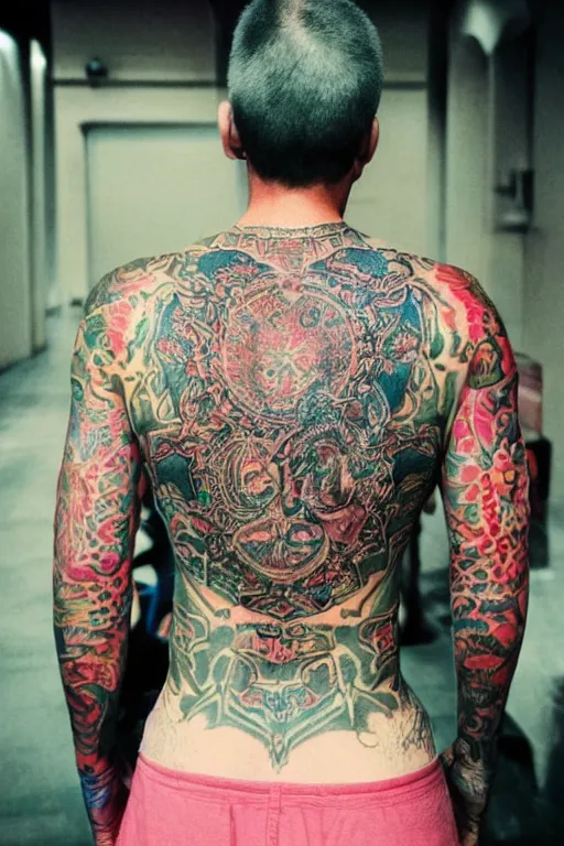 Prompt: agfa vista 4 0 0 photograph of a guy with elaborate intricate back tattoos, back view, synth vibe, vaporwave colors, lens flare, moody lighting, moody vibe, telephoto, 9 0 s vibe, blurry background, grain, tranquil, calm, faded!,