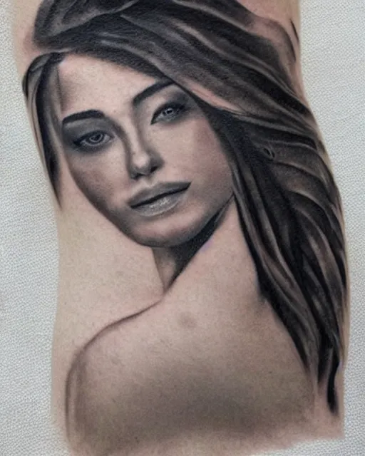 Prompt: tattoo design sketch of a beautiful woman face blended with a faded background of beautiful mountains and nature on her side, hyper - realistic, in the style of den yakovlev, amazing detail, black and white
