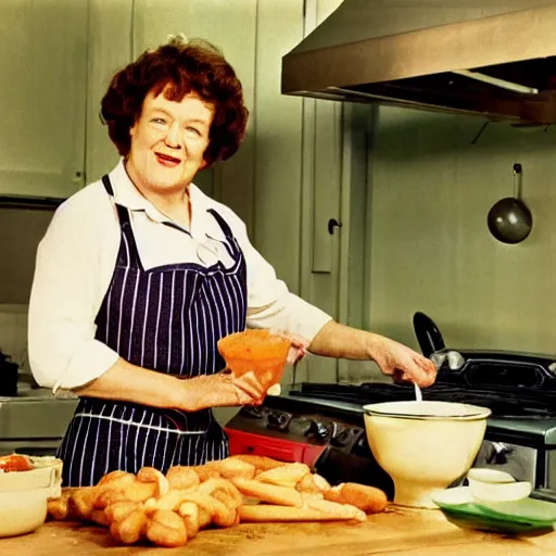 Prompt: color photo cooking show julia child making corndogs