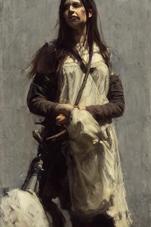 Prompt: Richard Schmid and Jeremy Lipking and Antonio Rotta full length portrait painting of a young beautiful traditonal viking warrior priestess woman