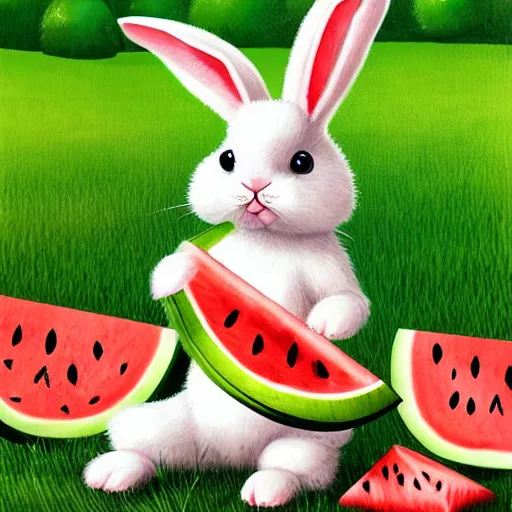 Image similar to a cute rabbit eating watermelon on the green meadow, style by roman shipunov