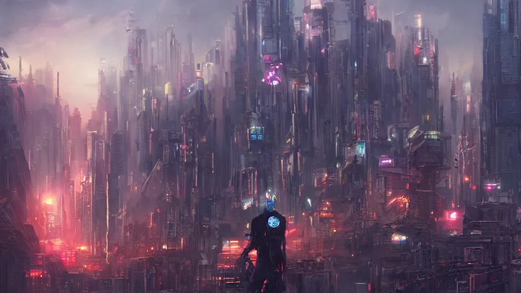 Image similar to Cyberpunk city, street vendors, citizens, augmented cyborgs, robots, skyscapers, buildings, clouds, sunset, painted by seb mckinnon, high detail, digital art, trending on artstation