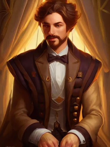 Image similar to a noble man smirking with flirty eyes. crossed arms, sitting in his chair. intricate, elegant, highly detailed, digital painting, artstation, concept art, sharp focus, illustration, by justin gerard and artgerm, 8 k