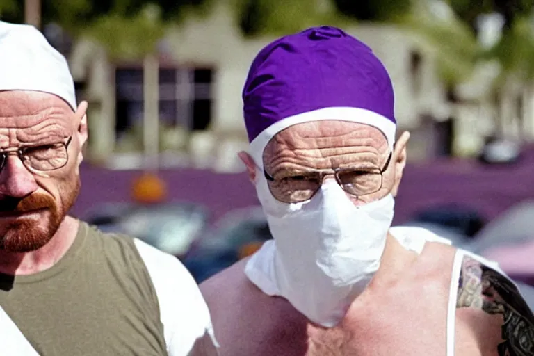 Image similar to walter white as a white gang member wearing a purple head covering made from a polyester or nylon material and a stained white tank top doing a drive - by shooting, arms covered in gang tattoo, paparazzi, leaked footage, uncomfortable, bad quality