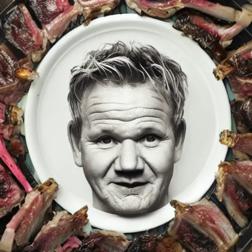 Prompt: gordon ramsay's face on a cooked rack of lamb