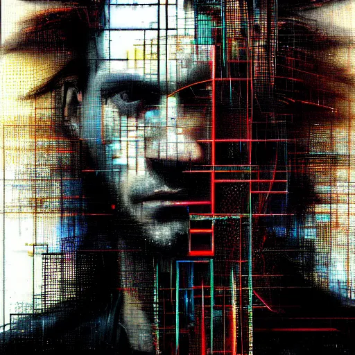 Prompt: hyperrealistic portrait of a cyberpunk man, long hair, by Guy Denning, Johannes Itten, Russ Mills, glitch art, glitch eyes, hacking effects, glitch effects, digital tech effects, cybernetics, detailed lines, chromatic, color blocking!, oil on canvas, highly detailed, symmetrical, octane, concept art, abstract, blue and black, 8k, cinematic, trending on artstation