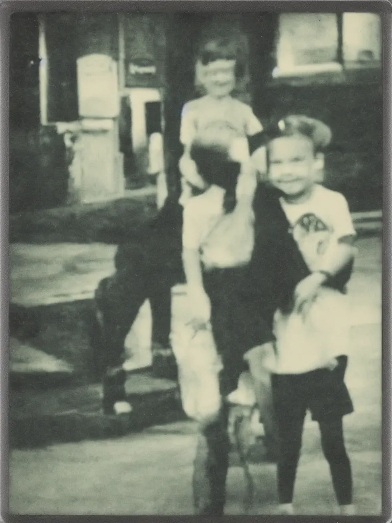 Image similar to two kids posing for a picture at night, small town, town square, dimly lit, faded polaroid