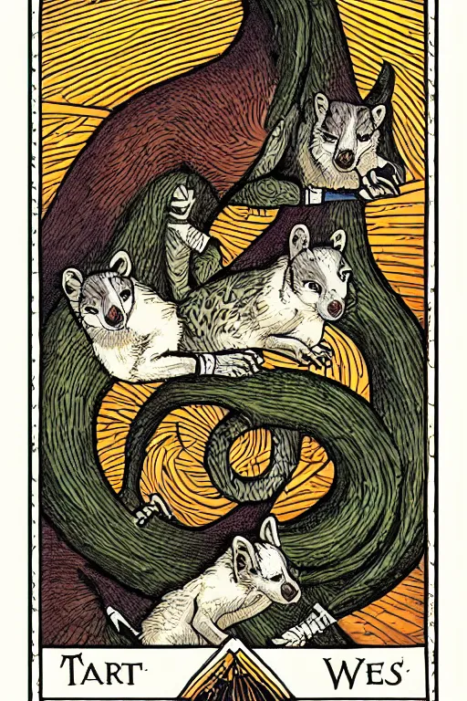 Image similar to tarot card illustration of the card three of weasels, framed in an elaborate line border, tarot card, detailed illustration, weasels, furry art, artstation, 4 k