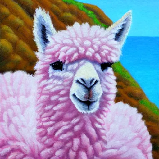 Prompt: fluffy pink alpaca on a cliff, oil painting