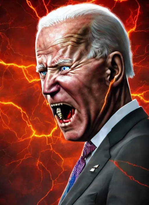 Prompt: hyper realistic photo Doom angry wrathful furious glowing red eyes biden