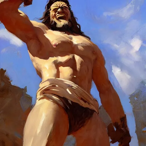Image similar to Greg Manchess painting of a stone giant, medium shot, low angle, asymmetrical, Fantasy Art, Organic Painting, sunny day, Matte Painting, bold shapes, hard edges, street art, trending on artstation, by Huang Guangjian and Gil Elvgren and Sachin Teng