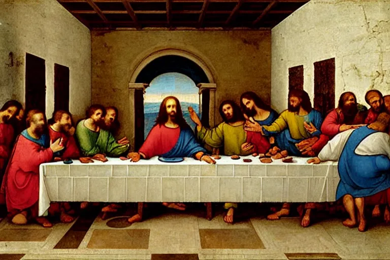 Prompt: Jesus breakdancing in front of the last supper painting by Leonardo da Vinci, renaissance style,