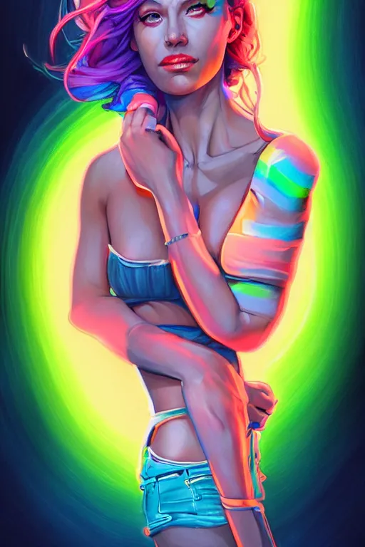 Prompt: a award winning half body portrait of a beautiful woman with stunning eyes in a off shoulder croptop and cargo pants with rainbow colored hair, outlined by whirling illuminated neon lines and fine lines swirling in circles by jesper ejsing and rhads and makoto and shinkai and lois van baarle, digital art, trending on artstation