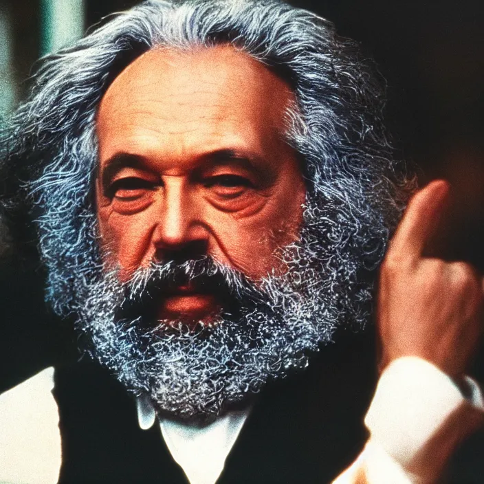 Image similar to very detailed 70s movie still of Karl Marx, cinestill 800t 10mm 4k, grainy picture