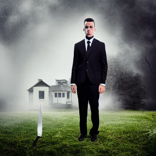 Image similar to man in strict suit, one man, an indifferent face, house on background, bloody knife, blood on body, full body, little fog, evening, extremely detailed, sharp focus, professional photographer, professional model