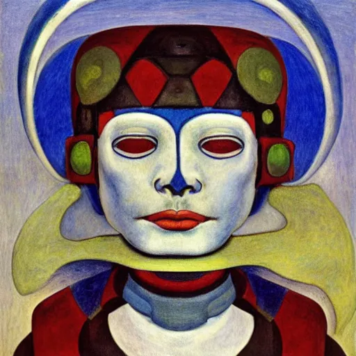 Image similar to the robot child wearing her bird mask, by annie swynnerton and diego rivera and elihu vedder and lucien freud, symbolist, dramatic lighting, elaborate geometric ornament, head and shoulders view, art brut, soft cool colors, smooth, sharp focus, extremely detailed, adolf wolfli, leo and diane dillon, nicholas roerich