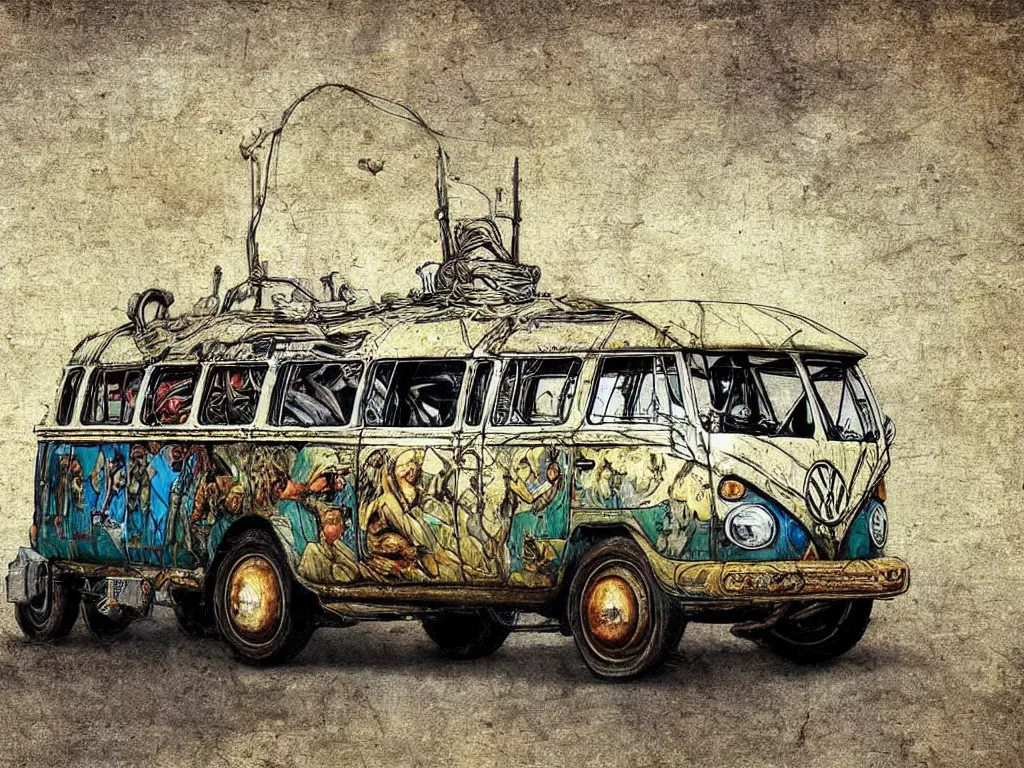 Prompt: oil painted vw bus from leonardo da vinci