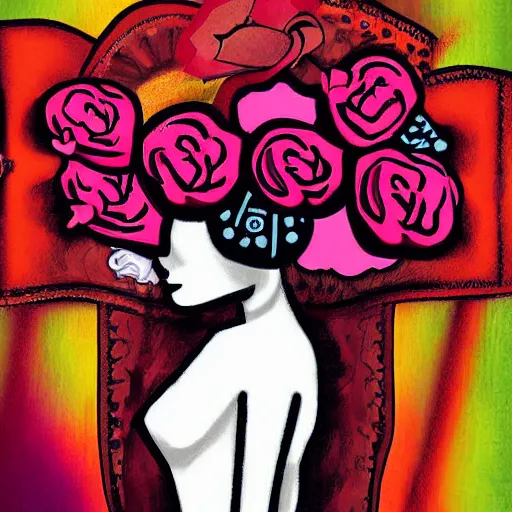 Image similar to a digital painting of a faceless woman wearing a crown made of mute color roses and a satin dress dada, surrealism, social realism, abstract expressionism, pop art, op art, minimalism