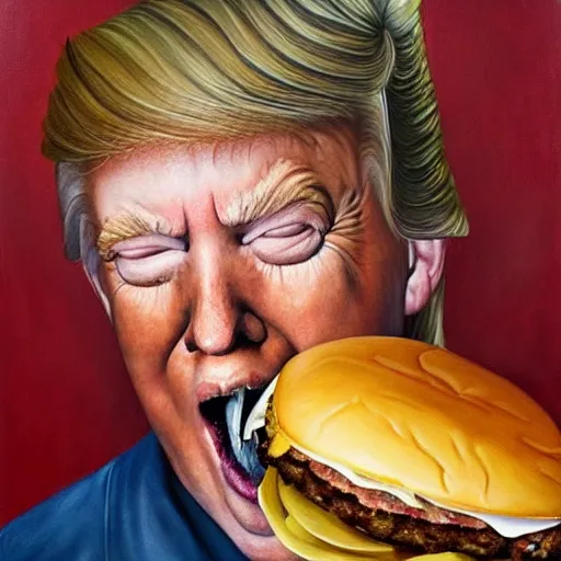 Prompt: realistic painting by jenny saville of!! donald trump!! licking a! cheeseburger!, art by jenny saville and tom bagshaw, detailed, sharp, smooth,! hamburger!