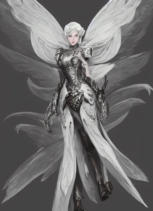 Image similar to a highly detailed illustration of white haired pale lady wearing dieselpunk armor dress with iron wings and blindfold!!!!!!!!!!!!, dramatic floating pose, intricate, elegant, highly detailed, centered, digital painting, artstation, concept art, smooth, sharp focus, league of legends concept art, wlop