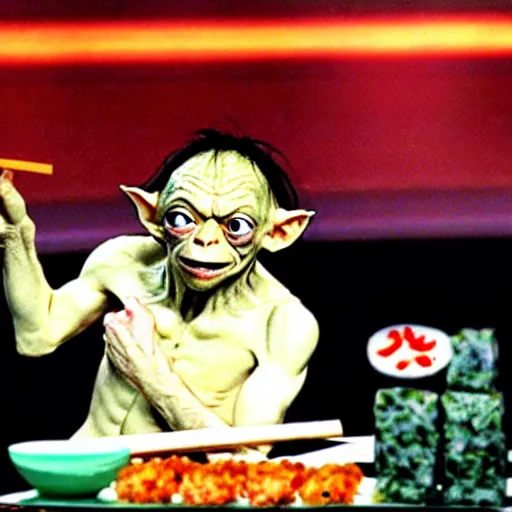 Image similar to gollum from lord of the rings eating sushi on a japanese game show