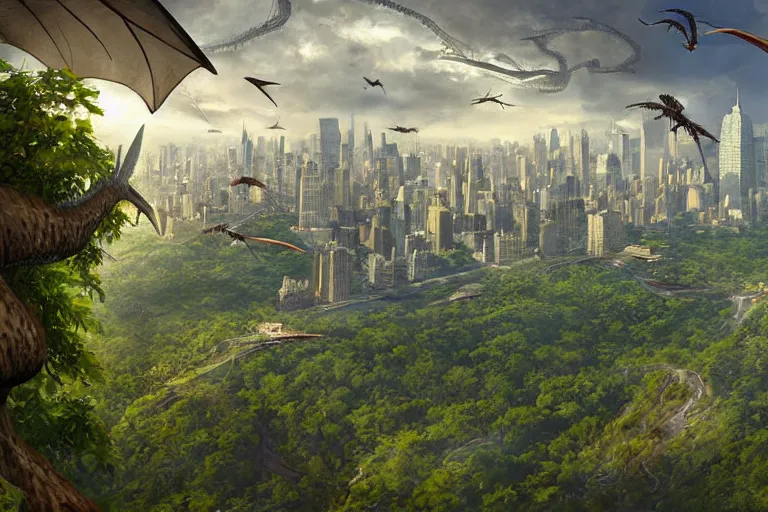 Prompt: an epic view of manhattan covered in a jurassic jungle, vines, pterosaurs flying, close - up, low angle, wide angle, atmospheric, cinematic, very realistic, highly detailed digital art, painted by tyler edlin