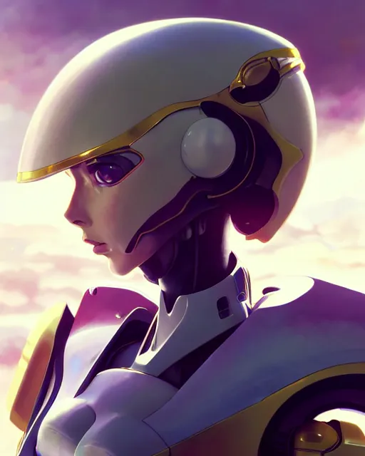 Image similar to beautiful delicate imaginative streamlined mecha neon genesis evangelion elegant futuristic close up portrait of a pilot female sitting with elegant deadly looks, armor with gold linings by ruan jia, tom bagshaw, alphonse mucha, futuristic buildings in the background, epic sky, vray render, artstation, deviantart, pinterest, 5 0 0 px models