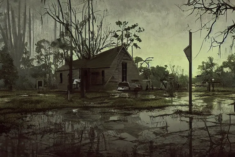 Image similar to scene from louisiana swamps, old protestant church with neon satanic pentagram, junkyard by the road, boy scout troop, voodoo artwork by tim eitel