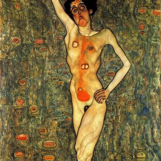 Prompt: goddess of transcendential consciousness, egon schiele, gustav klimt