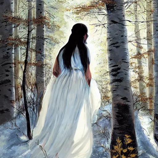 Image similar to woman with dark long hair in white dress, walking through aspen forest, jeremy lipking, joseph todorovitch