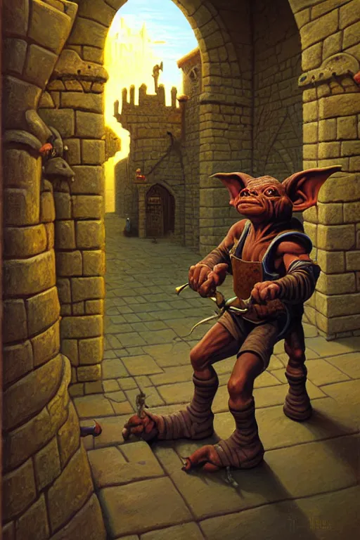 Prompt: classic oil painting, a goblin is equipping steel sabatons on his feet, as a dnd character, inside a castle courtyard, cottagecore, highly detailed, digital illustration, concept art, smooth, sharp focus, art by tim hildebrandt, and greg hildebrandt