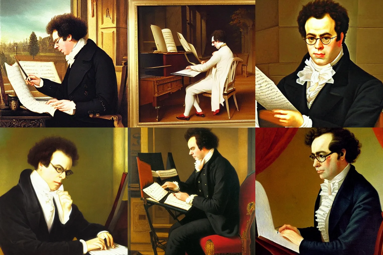 Prompt: franz schubert composing his new masterpiece, but he is a vampire, a very detailed oil painting, by josef kriehuber, classical oil painting, fine artstyle, from louvre