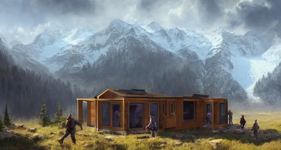 Prompt: cabela's beautiful comfortable modular insulated container home wall kit - house all weather family dwelling tent house, person in foreground, mountainous forested wilderness open fields, beautiful views, painterly concept art, environmental concept art, concept art illustration, by james gurney, by craig mullins, by greg rutkowski trending on artstation