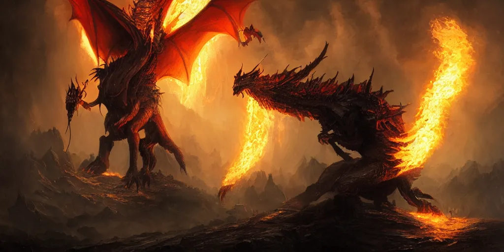 Prompt: Sauron fighting a dragon spitting fire, the lord of the rings, backlighting, oil painting, by Greg Rutkowski