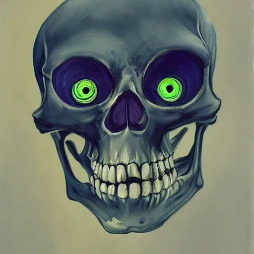Image similar to skeleton with blue glowing eye, painting