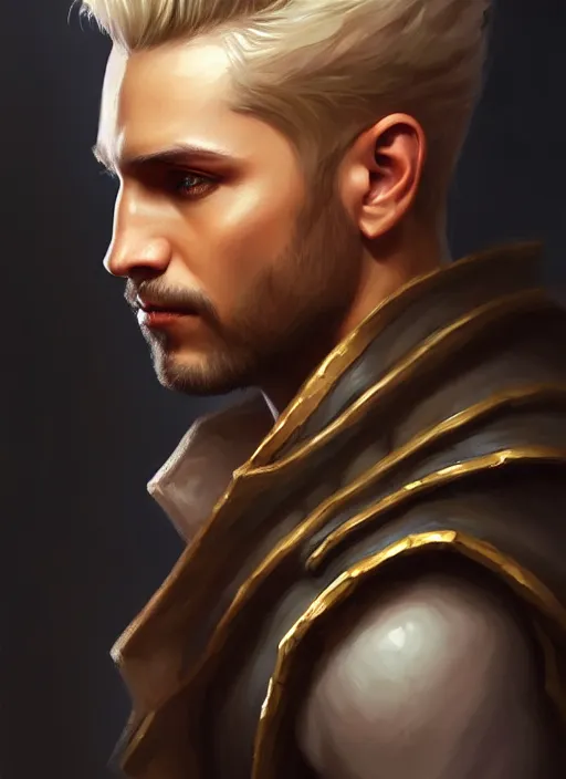 Prompt: a _ fantasy _ style _ portrait _ painting _ of male, medium dark blonde hair side part and blonde stubble, rpg dnd oil _ painting _ unreal _ 5 _ daz. _ rpg _ portrait _ extremely _ detailed _ artgerm _ greg _ rutkowski _ greg