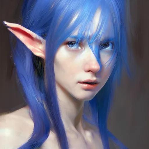 Prompt: elf girl, long blue hair, beautiful features, portrait, painting by alphonse muca, greg ruthowski, craig mullins, ruan jia, wlop, very beautiful and detailed, artstation, high quality