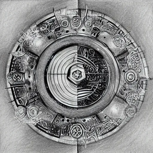 Image similar to armored battle tank with dao yin - yang symbol, detailed pencil drawing, background deep space with galaxies