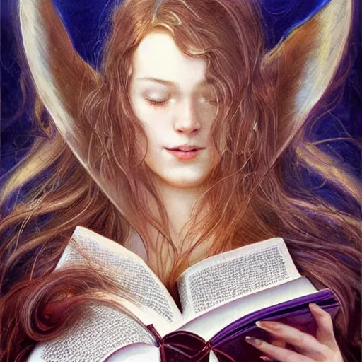 Image similar to a girl reading a book, her hair flowing down, by karol bak, ayami kojima, artgerm, smile, concept art, fantasy