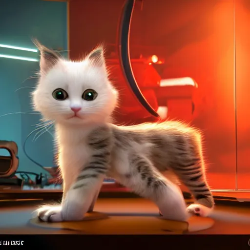Image similar to a 3 d rendered movie of a cute robot kitten with whiskers. the robot has rgb lighting implants. in the background is a cat tree ( cyberpunk ) for robots. dramatic lighting. science fiction outer space fantasy blockbuster movie, imax 7 0 mm. octane 3 d render, style of mandalorian ( american space western television series ) but about robots, polka dancing contest.