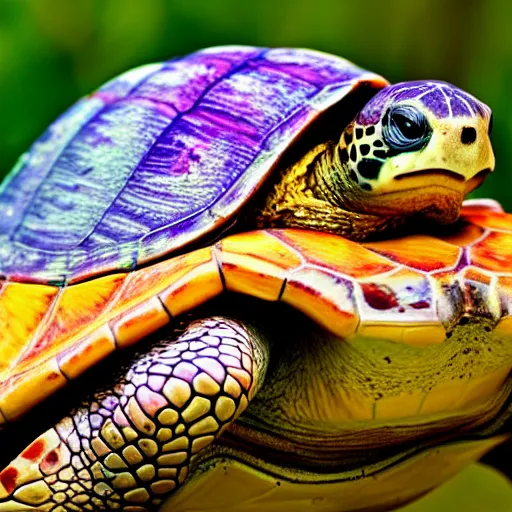 Image similar to a picture of a turtle in love with a flower, vivid colours, depth of field, 50mm